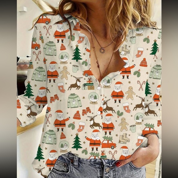 Luxe Holiday Christmas Gift Button Down Up Shirt Top Blouse - Picture 1 of 4